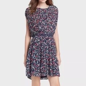 Joie Halsette Dress 100% Silk Floral Pleated Blouson Lined Boat neck Navy Size S